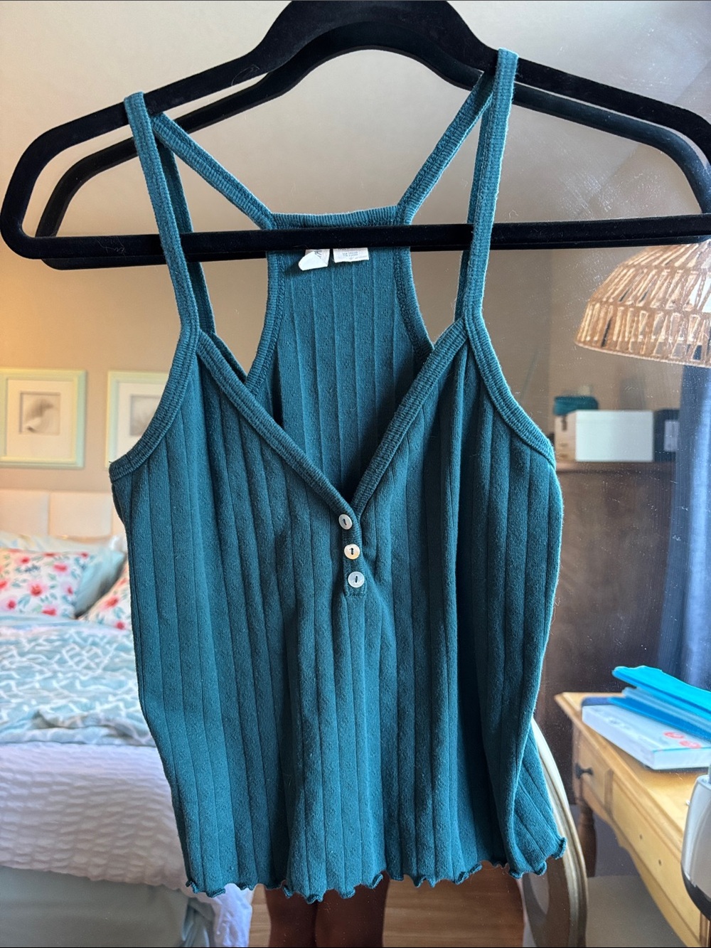90’s Cotton Teal Ribbed Button-Front Detail Tank Top